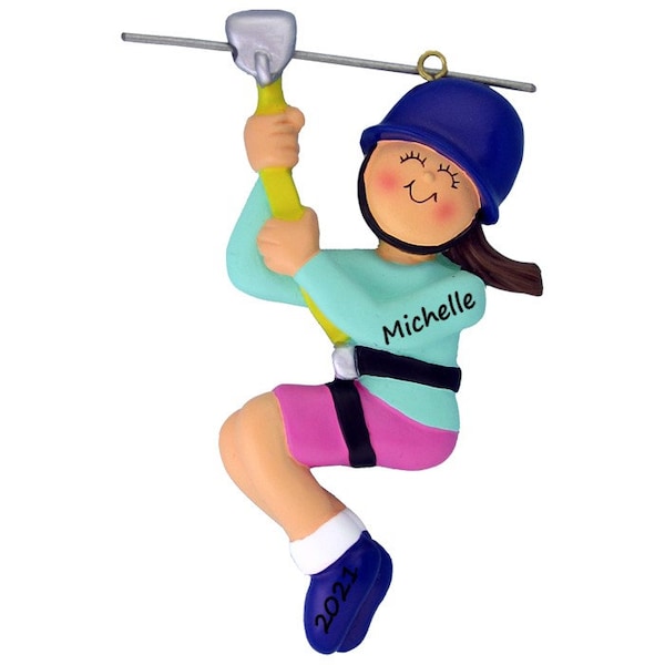 Zip Lining Girl Personalized Christmas Ornament / Zipliner / Gift For Thrill Seeker / Custom Ziplining Gift / Brunette Girl Ziplining