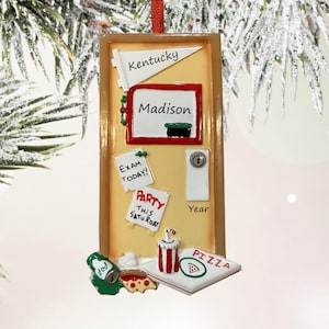 May include: A rectangular tan door ornament featuring a white Kentucky pennant, a red-framed sign reading Madison, and notes stating Exam Today and Party This Saturday. Below are a soda can, a striped cup, and a pizza box with the word Pizza printed.