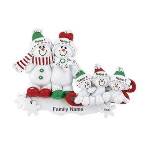 Personalized Snowman on Sled Family of 5 Christmas Ornament / Snowman Family of 5 Personalized Ornament / Family of Five Christmas Ornament