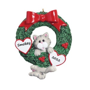 Personalized Cat Ornament Gray Tabby Cat In Christmas Wreath New Kitten Custom Cat Ornament Cat Lover Gift Personalized Cat Ornament