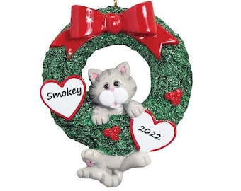 Personalized Cat Ornament Gray Tabby Cat In Christmas Wreath New Kitten Custom Cat Ornament Cat Lover Gift Personalized Cat Ornament
