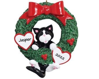 Personalized Cat Ornament Tuxedo Cat In Christmas Wreath New Kitten Custom Cat Ornament Cat Lover Gift Personalized Cat Ornament