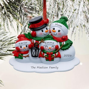 Personalized Snowman Family of 4 Ornament, Custom Names and Year, North Pole Christmas Gift, Grandparent Keepsake, Blended Family Present