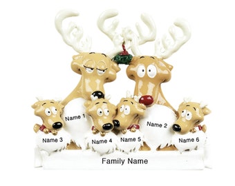 May include: A personalized Christmas ornament featuring a family of six reindeer. The reindeer are brown with white accents and have a festive look. The ornament includes space for six names and a family name.