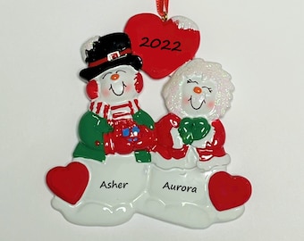 Personalized Couple Ornament / Snowman Couple Personalized Christmas Ornament / Snow Couple With Heart Christmas Ornament / Gift For Couples