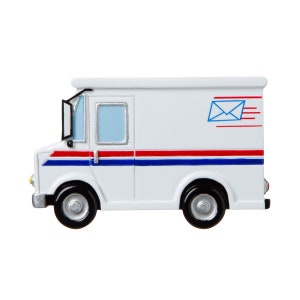 May include: A white toy mail truck with red, white, and blue stripes and a blue envelope graphic. The truck has a black side mirror and black wheels.