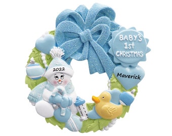 Personalized Baby Boy's 1st Christmas Ornament - Blue Baby Boy in Wreath Ornament - Baby Boy's 1st Christmas Ornament - Baby Boy Gift