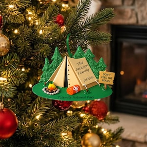 Personalized Camping Christmas Ornament, Custom Family Tent Campground Holiday Decoration, Keepsake Gift for Campers and Nature Lovers