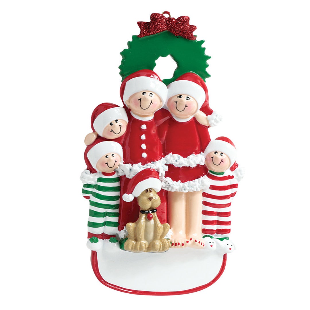 Family Christmas Ornament With Dog, Family of 5 Personalized Ornament, Christmas Pajama Family