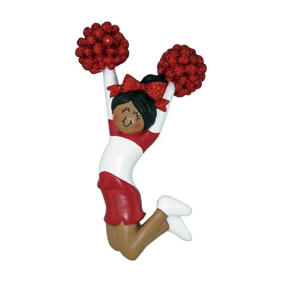 RED Cheerleader Glittered Pom Poms Ornament BRUNETTE