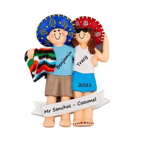 Mexico Vacation Christmas Ornament Couples Ornament Travel Couple Feliz Navidad Ornament Sombrero Hat Cancun Vacation Honeymoon Ornament