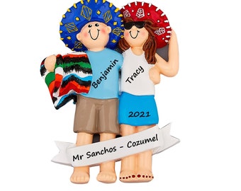 Mexico Vacation Christmas Ornament Couples Ornament Travel Couple Feliz Navidad Ornament Sombrero Hat Cancun Vacation Honeymoon Ornament