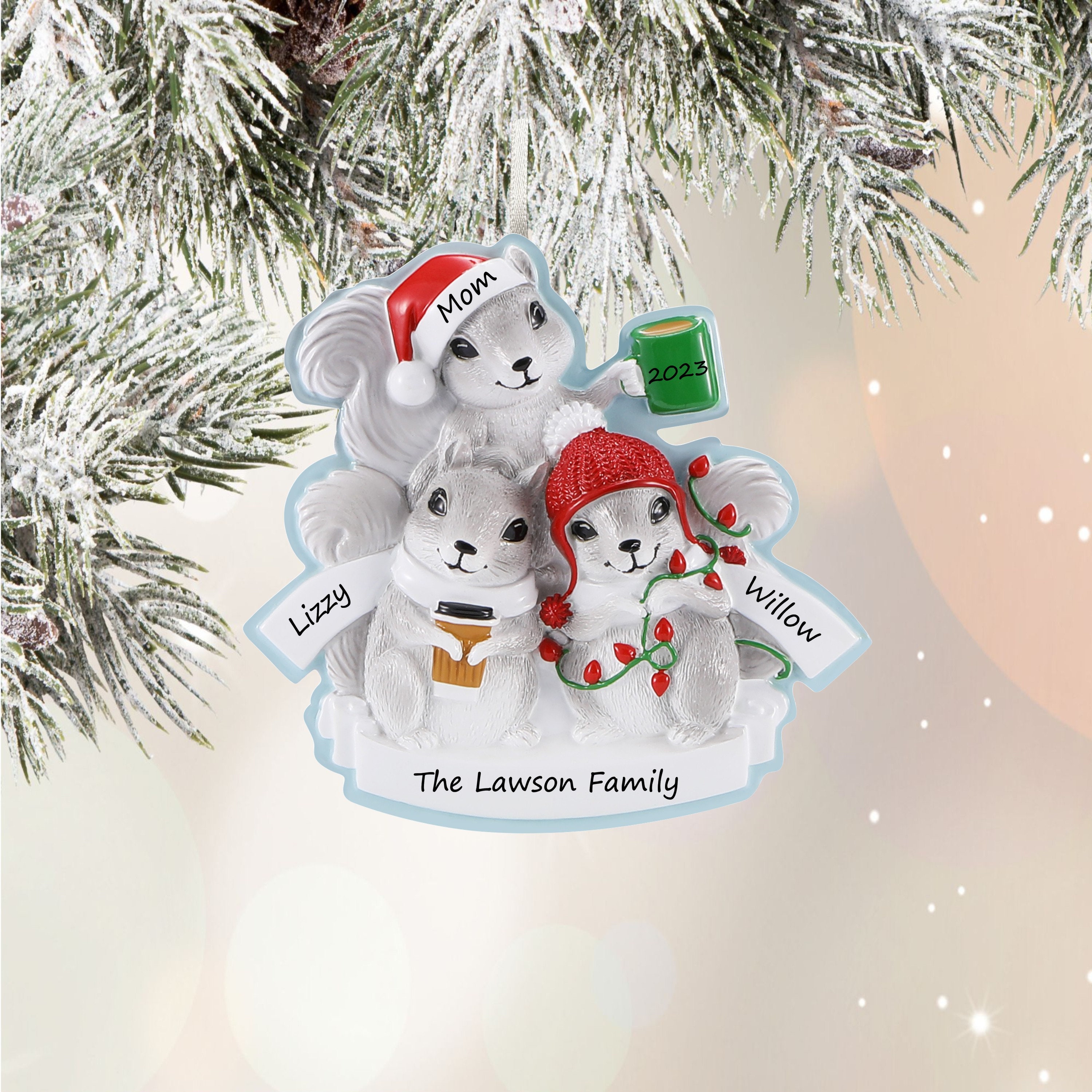 Squirrel Family Of 3 Personalized Christmas Ornament 2025 Forest Animals Ornament With Name Cute Woodland Family Of 3 Personalized Gift