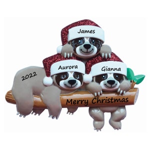 May include: A Christmas ornament featuring three sloths wearing Santa hats with the names "James", "Aurora", and "Gianna" on them. The sloths are hanging from a branch with the text "Merry Christmas" and the year "2022" on it.