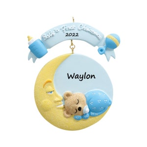 Baby&#39;s First Christmas Ornament New Baby Boy Ornament Baby Moon Ornament Baby Bear Hand Personalized Ornament