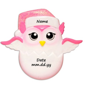 May include: Pink and white owl Christmas ornament with a Santa hat. The ornament has a blank space for a name and a date in the format mm.dd.yy.