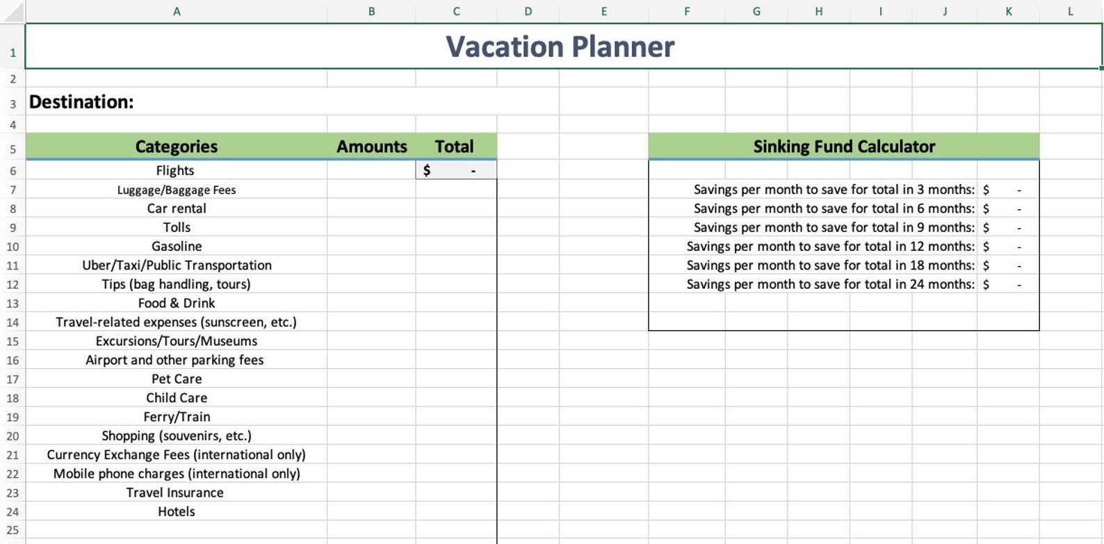 Easytouse Vacation Planning Spreadsheet Etsy