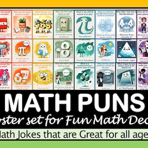 Posters amusants de jeux de mots mathématiques pour un tableau d'affichage STEM ou une décoration de salle de classe | Ensemble d'affiches de blagues mathématiques | Déco pour cours de mathématiques aux couleurs vives de l'arc-en-ciel