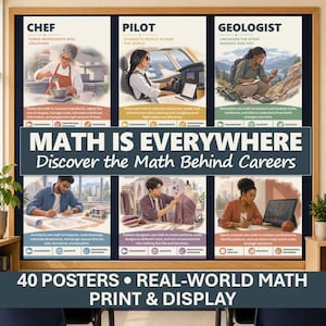 以下が含まれることがあります： MATH IS EVERYWHERE Discover the Math Behind Careersというタイトルの40枚の教育用ポスターセット。ポスターには、シェフ、パイロット、地質学者、建築家、ファッションデザイナー、スポーツアナリストなど、さまざまな職業のイラストが描かれています。