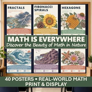 Könnte beinhalten: Ein Set aus sechs Lehrpostern mit dem Titel Math Is Everywhere, die Fraktale, Fibonacci-Spiralen, Sechsecke, Meereswellen, Basaltsäulen und Blumen zeigen. Jedes Poster enthält erklärende Texte und Diagramme zu mathematischen Mustern in der Natur.