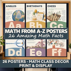 May include: A set of educational posters titled MATH FROM A-Z POSTERS 26 AMAZING MATH FACTS. The posters feature letters A through F with illustrations and text explaining mathematical concepts like angles on a sphere, birthday probabilities, and chess.