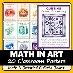Può includere: Un set di 20 poster per la classe, "Matematica nell'arte", su sfondo giallo. I poster trattano argomenti come il rapporto aureo, l'architettura islamica e il quilting. Il testo recita "Math is Beautiful Bulletin Board!"