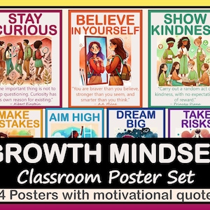 May include: A set of classroom posters with motivational quotes. The posters feature colorful illustrations and text, including phrases like "Stay Curious," "Believe in Yourself," and "Show Kindness." The set includes 24 posters with motivational quotes.