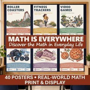 Puede incluir: Un conjunto de carteles educativos titulados MATH IS EVERYWHERE, que presenta seis paneles con ilustraciones y texto que explican conceptos matemáticos en montañas rusas, rastreadores de fitness, videojuegos, cámaras, tejido y geometría de pizzas.