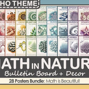 Może przedstawiać: Zestaw 28 kolorowych plakatów z ilustracjami obiektów naturalnych, takich jak gwiazda morska, paproć, plaster miodu i pasmo górskie. Każdy plakat przedstawia inną koncepcję matematyczną, taką jak symetria, teselacja i fraktale. Plakaty są zatytułowane "Math in Nature" i "BOHO THEME". Tekst "28 Posters Bundle: Math is Beautiful!" znajduje się na dole obrazu.