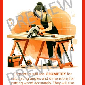 May include: Illustration of a carpenter using a circular saw on a wooden table. The image features the word "CARPENTER" at the top and text about using geometry and basic arithmetic. A toolbox and measuring tape are also visible.