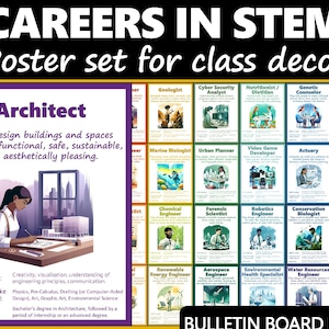 May include: A poster set titled "Careers in STEM" for class decor. The poster features various STEM career options, including Architect, Geologist, and Cyber Security Analyst. Each poster includes a brief description and skills needed. The set is designed for educational purposes.