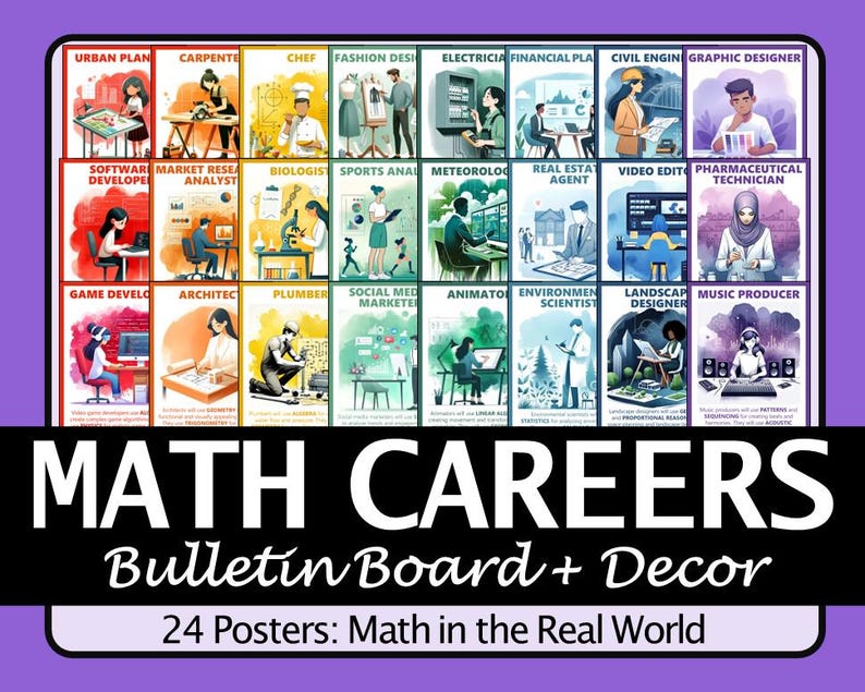 May include: A bulletin board with 24 posters featuring various career paths, including urban planning, architecture, and graphic design. The title "MATH CAREERS" is prominently displayed, with the subtitle "Bulletin Board + Decor". The posters are set against a purple background.