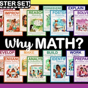 Perché imparare la matematica Poster / Set di poster con citazioni motivazionali sulla matematica per la crescita mentale / Bacheca Inspire Math / Decorazioni STEM Rainbow Brights