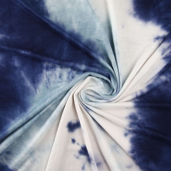 Rayonne bleu marine/blanc tie-dye, tissu tie-dye par mètre, rayonne spandex, tissu en tricot tie-dye, tricot jersey extensible tie-dye