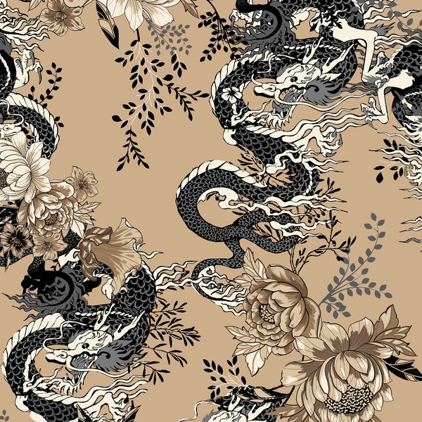 Dragon Print Digital File, Flowers Seamless Pattern, Asian Prints, Digital file for clothing Floral Digital Paper, Animal print file-190936