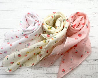 Strawberry print Cotton gauze scarf, Cotton Bandana, Soft Cotton Scarf, chemo scarf, Boho Scarf, gift handkerchief, Vintage scarf, 6-1