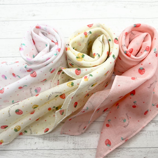 Strawberry print Cotton gauze scarf, Cotton Bandana, Soft Cotton Scarf, chemo scarf, Boho Scarf, gift handkerchief, Vintage scarf, 6-1