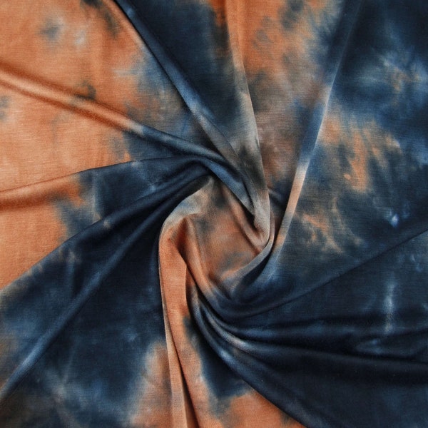 Rayon Rust Indigo combo tie dye, Tie dye fabric by the yard,Rayon spandex fabric, Tie dye knit fabric, Tie dye stretch Jersey knit-F55928-44