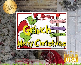 Beware of the Grinch "Merry Christmas" Edition - Corrugated Yard Sign with H-Stake for display.