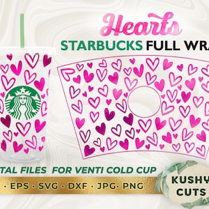 May include: A digital download of a Starbucks cup wrap design featuring a pink and white heart pattern. The design is for a venti size cold cup and includes the text "Hearts Starbucks Full Wrap".