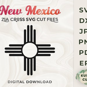 May include: A black Zia symbol design with a central circle and four groups of four rays extending outwards. The text "New Mexico ZIA CROSS SVG CUT FILES" is displayed in red and pink. The words "DIGITAL DOWNLOAD" are at the bottom.