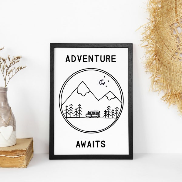 Adventure Awaits Print // Adventure print, Campervan print, VW camper, Adventure decor, Travel gift