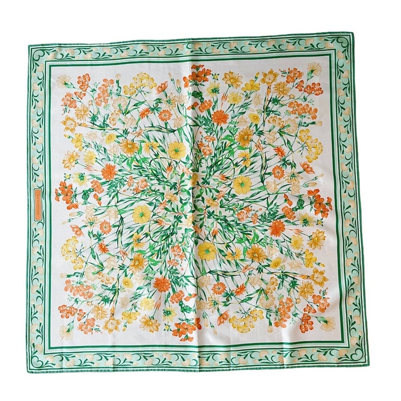 Jim Thompson Yellow Green Silk Flower Bangkok Thailand Scarf.