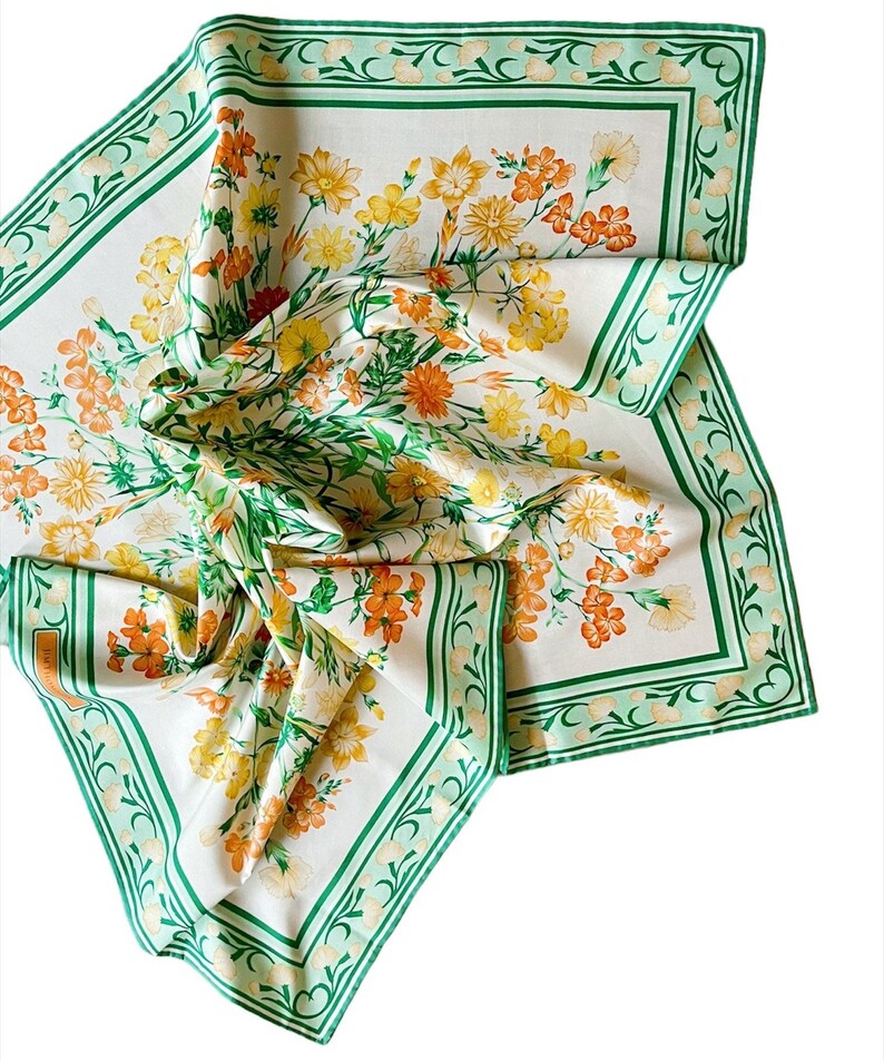Jim Thompson Yellow Green Silk Flower Bangkok Thailand Scarf.