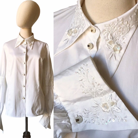 Vintage Escada Blouse Embroidered White Floral 40