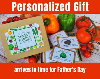 Father's Day PERSONALIZED Gift for Gardener Garden Seed Box + 14 packs of Vegetable Seeds, Gardening Gift,  garden tools Dad