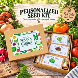 May include: A personalized seed kit in a brown cardboard box with a label reading "SEEDS FOR SUSAN'S GARDEN HOME TOWN, STATE" surrounded by vegetable illustrations. Inside are seed packets for Buttercrunch, Romaine, and Brightleaf lettuce.
