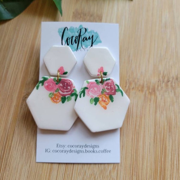 Floral Earrings| Mexican Embroidery Earrings| Hispanic Embroidery Earrings| Hand painted Earrings | Polymer Clay Stud Earrings