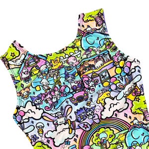 May include: A sleeveless top featuring a vibrant, multi-colored all-over print of various cartoon characters, including rabbits, cats, and other creatures, set against a background of clouds, rainbows, trees, and a pink car in a bright palette.