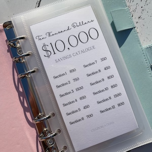 May include: A clear plastic binder with a white sheet inside. The sheet has the text "Ten Thousand Dollars $10,000 SAVINGS CATALOGUE" and a list of sections with corresponding dollar amounts.